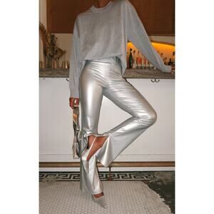 Show Me Your Mumu Nashville Pull On Flare Pant in Silver Faux Leather S NWT